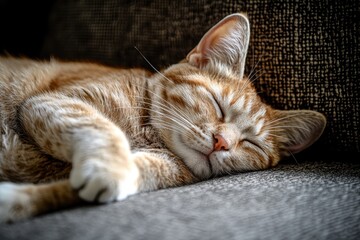 Serene Feline: A Cozy Cat Asleep on a Plush Couch in a Warm Home Setting