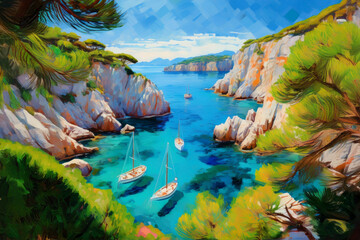 Colourful painting style image of bay in Calanques Park in south of France featuring boats in sun lit turquoise waters bordered by limestone cliffs
