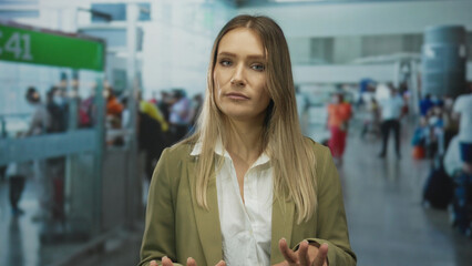 Woman gesturing calm indoors at a busy airport terminal with people in the background, capturing a...
