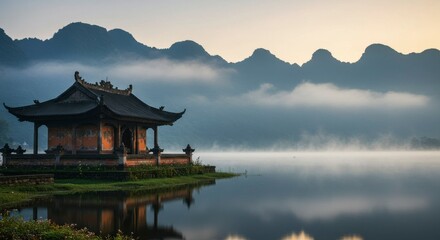 Obraz premium Misty lake, serene pagoda