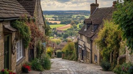 Obraz premium Charming English Village: Vibrant Countryside Landscape from a Cobblestone Street with Quaint Rooftops