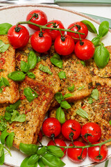Easy Savory French Toast with Roasted Cherry Tomatoes and Basil..selective focus