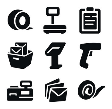 Mailroom Equipment Icons. Solid, filled icons set of mailroom equipment: tape roll, scale icon, shipping form,