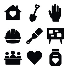 Community Project Icons. Solid, filled icons set of community fundraising projects: community house, garden