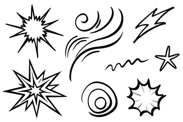 Comic line sparkle and movement elements set. black ink motion accents, burst effects, and dynamic hand drawn stroke symbols perfect for manga, cartoon, or pop art vector illustration projects.