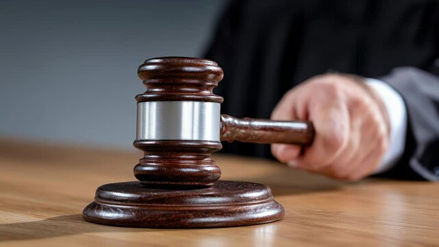 A judge&rsquo;s hand holds a wooden gavel poised above a sound block, symbolizing authority and legal decision-making.