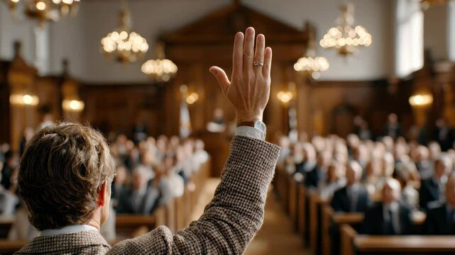A person raises their hand in a formal courtroom filled with people during a judicial proceeding.