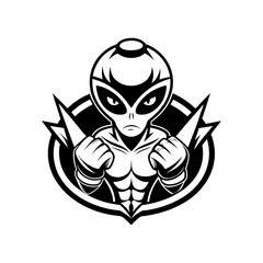 Alien Boxing Mascot in Black and White with Gloves and Stars	