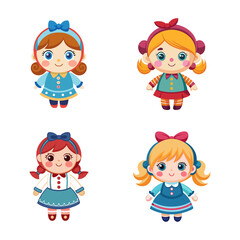 Set of Adorable Cartoon Dolls in Colorful Dresses and Hairstyles