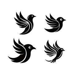 Set of Black and White Stylized Bird Silhouettes in Elegant Designs