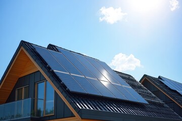 Fototapeta premium Modern Solar Homes: Newly Built Residences Featuring Dark Solar Panels Under a Clear Sky