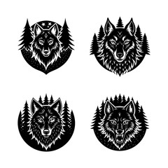 Obraz premium Set of Black and White Wolf Emblems with Forest ElementsSet of Black and White Wolf Emblems with Forest ElementsSet of Black and White Wolf Emblems with Forest ElementsSet of Black and White Wolf Embl