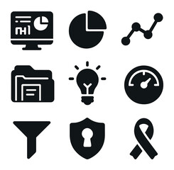 Business Analytics Icons. Solid, filled icons set of business analytics visibility: dashboard screen, pie