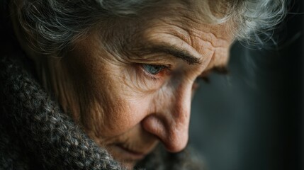 Heartfelt Portrait of a Grey-Haired Beauty: Close-Up of a Sad Elderly Woman's Expression
