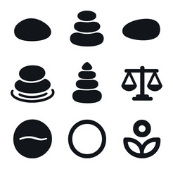 Minimalist Zen Icon Set. Solid, filled icons set of zen and minimal rock symbols: single stone, triple stack,
