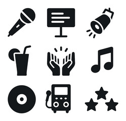 Karaoke Night Icons. Solid, filled icons set of karaoke night fun: microphone, lyrics screen, spotlight, drink