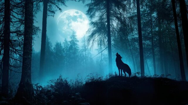 Lone wolf howling at a full moon in a misty forest