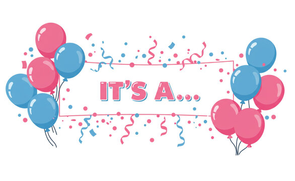 A gender reveal design features pink and blue balloons with confetti perfect for greeting cards and party invitations for new parents.