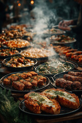 Barbecue estival avec grillades, légumes et viandes grillées, ambiance conviviale et festive en extérieur