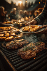Barbecue estival avec grillades, légumes et viandes grillées, ambiance conviviale et festive en extérieur