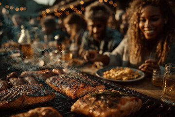Barbecue estival avec grillades, légumes et viandes grillées, ambiance conviviale et festive en extérieur