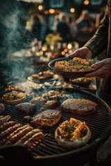 Barbecue estival avec grillades, légumes et viandes grillées, ambiance conviviale et festive en extérieur