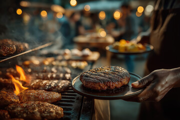 Barbecue estival avec grillades, légumes et viandes grillées, ambiance conviviale et festive en extérieur