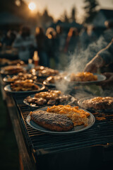 Barbecue estival avec grillades, légumes et viandes grillées, ambiance conviviale et festive en extérieur
