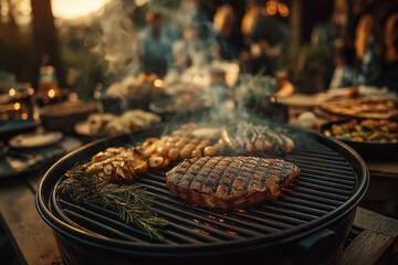 Barbecue estival avec grillades, légumes et viandes grillées, ambiance conviviale et festive en extérieur