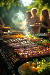 Barbecue estival avec grillades, légumes et viandes grillées, ambiance conviviale et festive en extérieur