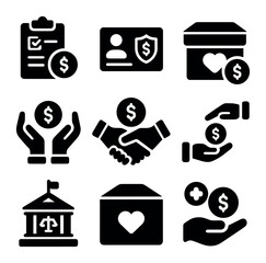 Financial Aid Icons. Solid, filled icons set of financial assistance programs: grant application, social