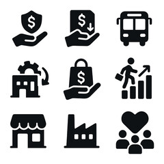 Economic Stabilization Icons. Solid, filled icons set of economic stabilization: government aid, tax relief,