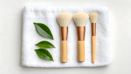 Artist's cosmetic tools: a set of makeup brushes with black handles, isolated on white background