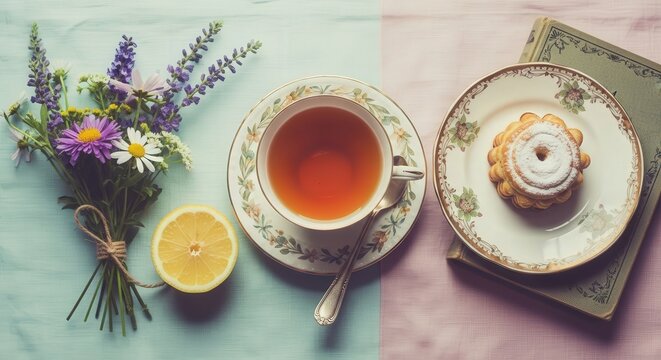 Afternoon tea with flowers and cake vintage aesthetic still life photography image for relaxation time 