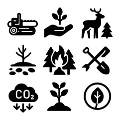 Sustainable Forestry Icons. Solid, filled icons set of sustainable forestry issues: logging, tree planting,