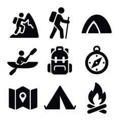 Outdoor Adventure Icons. Solid, filled icons set of outdoor adventure: mountain climbing, hiking, camping,