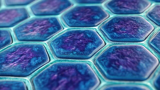 Hexagonal blue cells with textured surface and visible endothelium structure create detailed microscopic biological pattern close up vdo showing cell