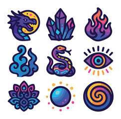 Obraz premium Trippy Fantasy Icons. Solid, filled icons set of trippy fantasy: cosmic dragons, glowing crystals, abstract