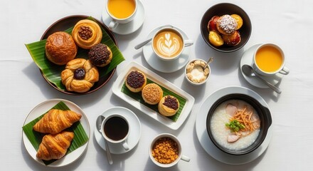 Delicious breakfast spread with pastries coffee and congee perfect for a morning meal or brunch 