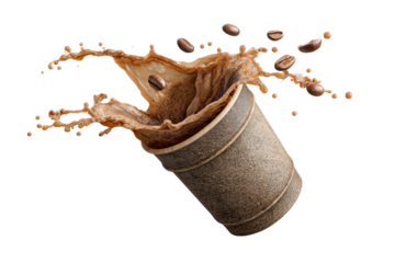 PNG Dynamic splash of coffee from tipped cup with flying beans