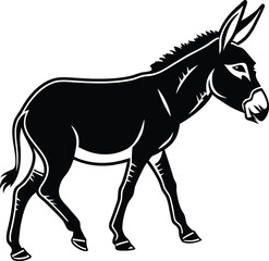 Obraz premium A striking black silhouette of a donkey walking with its ears pointed forward and tail held high .eps