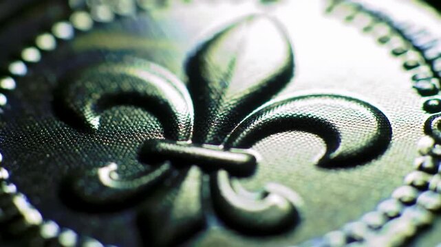 Close up detail of elegant fleur-de-lis design on textured background.