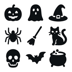 Halloween Icon Grid. Solid, filled icons set of Halloween events and shows: pumpkin, ghost, witch hat, spider,