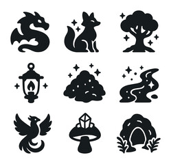 Fototapeta premium Fantasy Flora and Fauna. Solid, filled icons set of fantasy valley flora and fauna: dragon, magical fox,