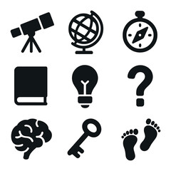 Discovery Icon Set. Solid, filled icons set of discovery and learning: telescope, globe, compass, book, light
