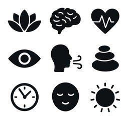 Mindfulness Icon Grid. Solid, filled icons set of mindfulness and awareness: lotus flower, brain, heartbeat,