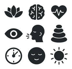 Mindfulness Icon Grid. Solid, filled icons set of mindfulness and awareness: lotus flower, brain, heartbeat,