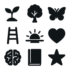 Growth Icons Grid. Solid, filled icons set of personal growth: seedling, tree, butterfly, ladder, sunrise,