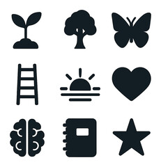 Growth Icons Grid. Solid, filled icons set of personal growth: seedling, tree, butterfly, ladder, sunrise,