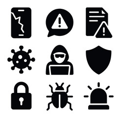 Digital Misinformation Icons. Solid, filled icons set of misinformation in digital communication: broken phone
